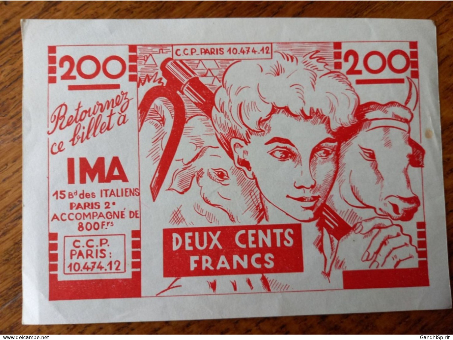 Fictif PSEUDO BILLET De 200 FRANCS : " IMA " 15, Boulevard Des Italiens à Paris - Paysan, Vaches - Specimen