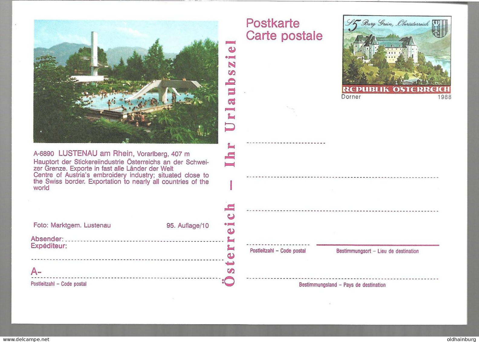 2357j: Österreich 1988, Dorner: Bildpostkarte 6890 Lustenau, Motiv Schwimmbad... ** - Lustenau