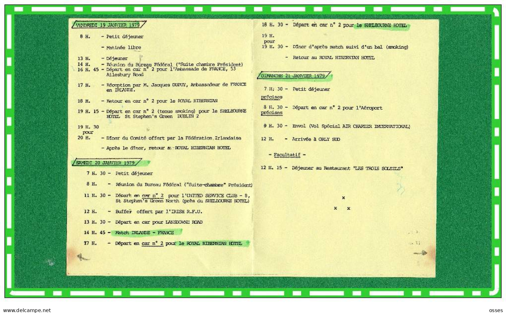 Feuille De Route Pour Officiel.. Staff.. Du Match.Irlande France 20Janvier1979(recto Verso) - Rugby