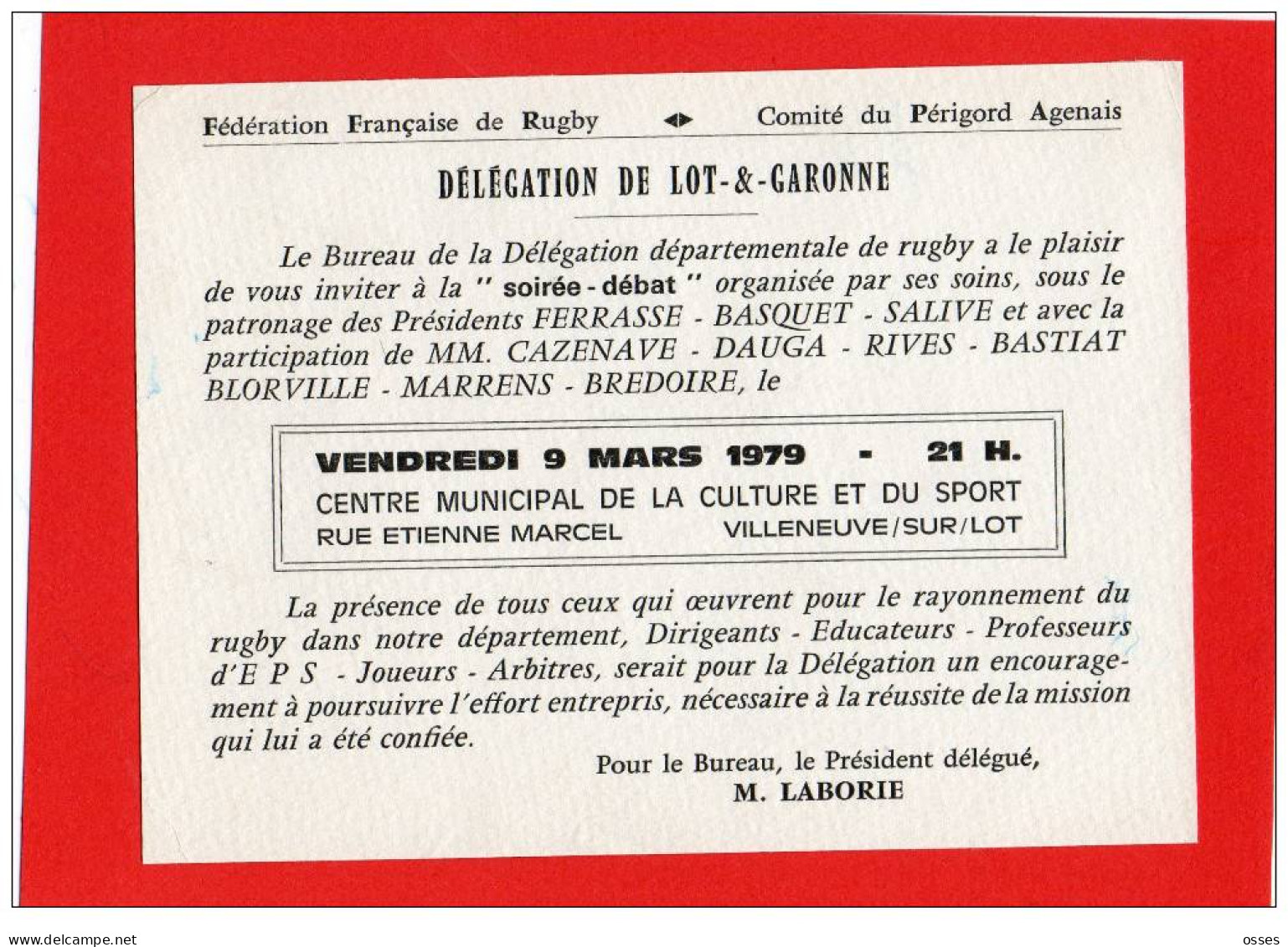 Deux Cartons ..Soirée Débat+ Diner. FFR.Villeneuve Sur Lot Mars 1979 (rectos Versos) - Rugby