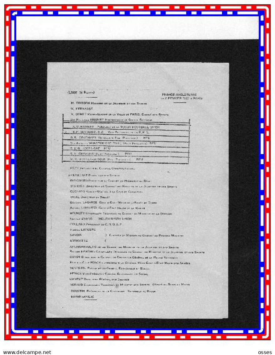 France Angleterre 2 Février1980 Parc Des Princes Loge Et Tribune Officielle Listes Des Invités.. - Rugby