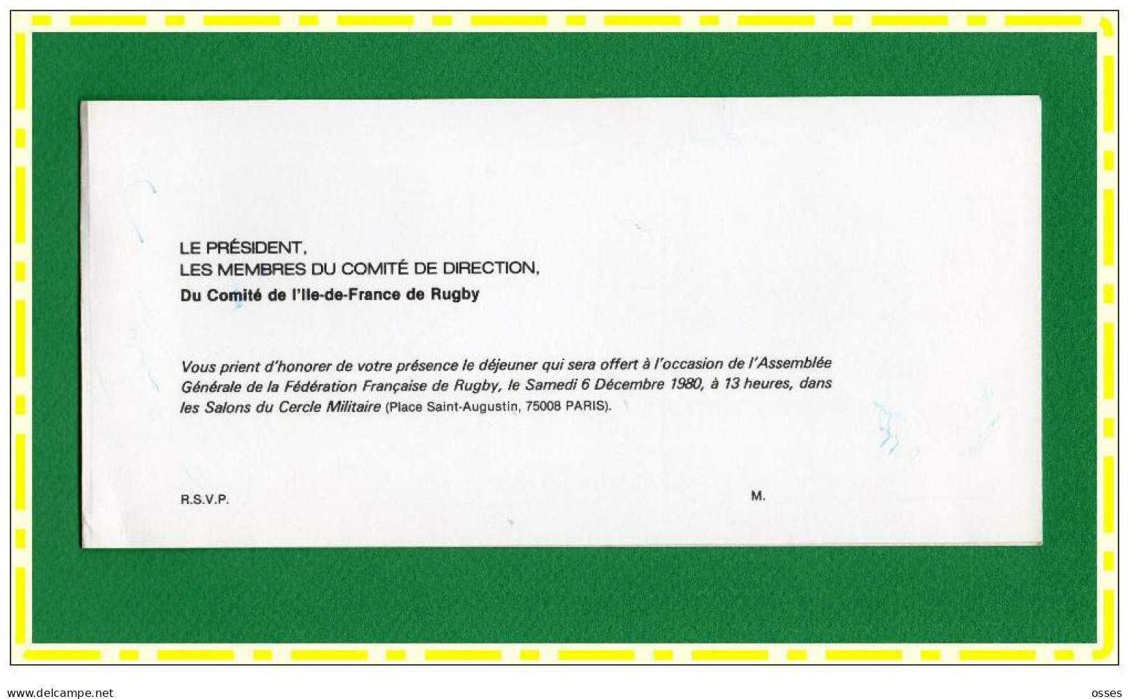 Comité De L'Ile De France De Rugby A.G.Salon Du Cercle Militaire Paris Déc.1980(recto Versos) - Rugby