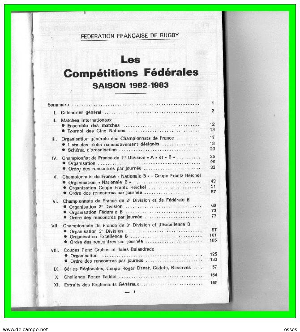 FFR  Compétitions Fédérales.Reglements/Calendrier Général Saison.1982 1983.(196 Pages)(rectos Versos) - Rugby