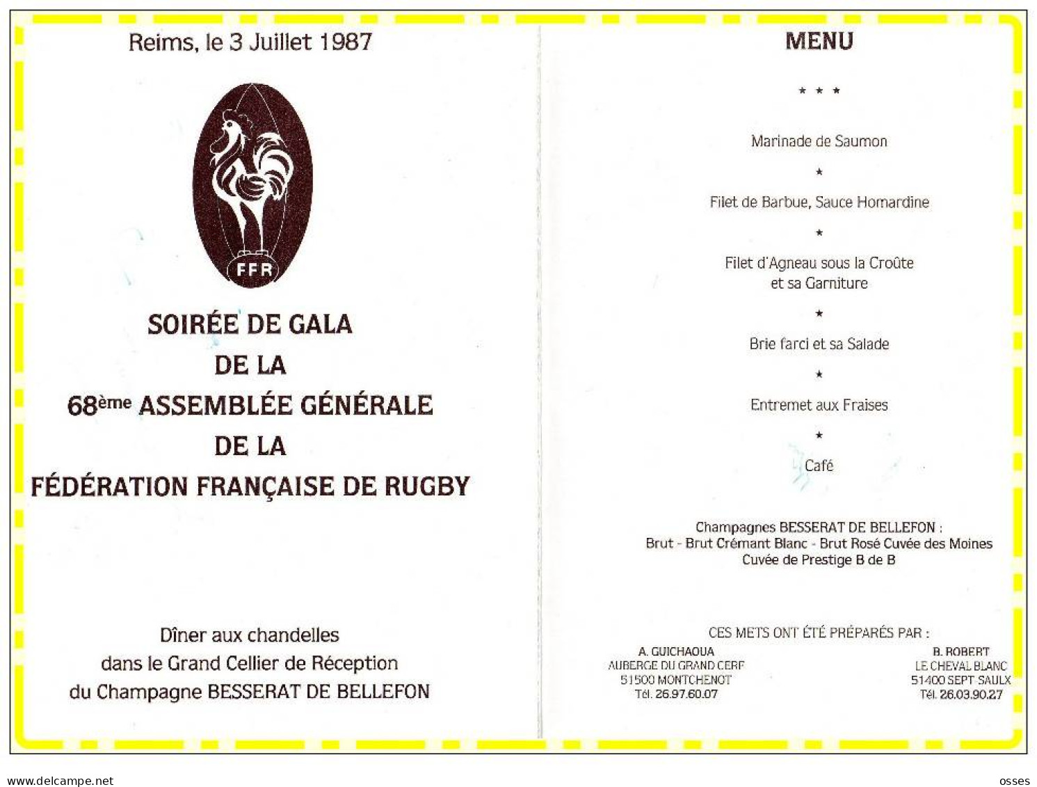 Soirée De Gala 68éme A.G. FFR.Cellier Champagne Besserat De Bellefon MENU (recto Versos) - Rugby