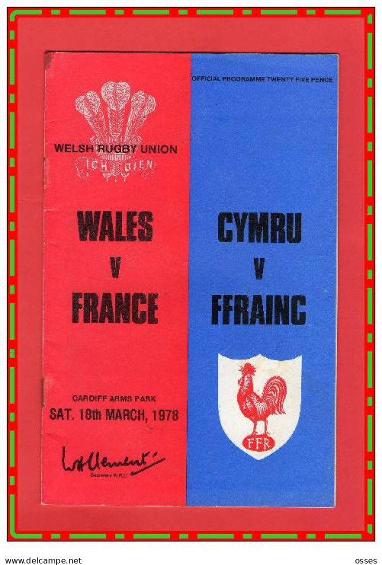 Official Programme.WALES CYMRU V FRANCE FFRAINC Cardiff Arms Park Sat.18th March 1978 (rectos Versos) - Rugby