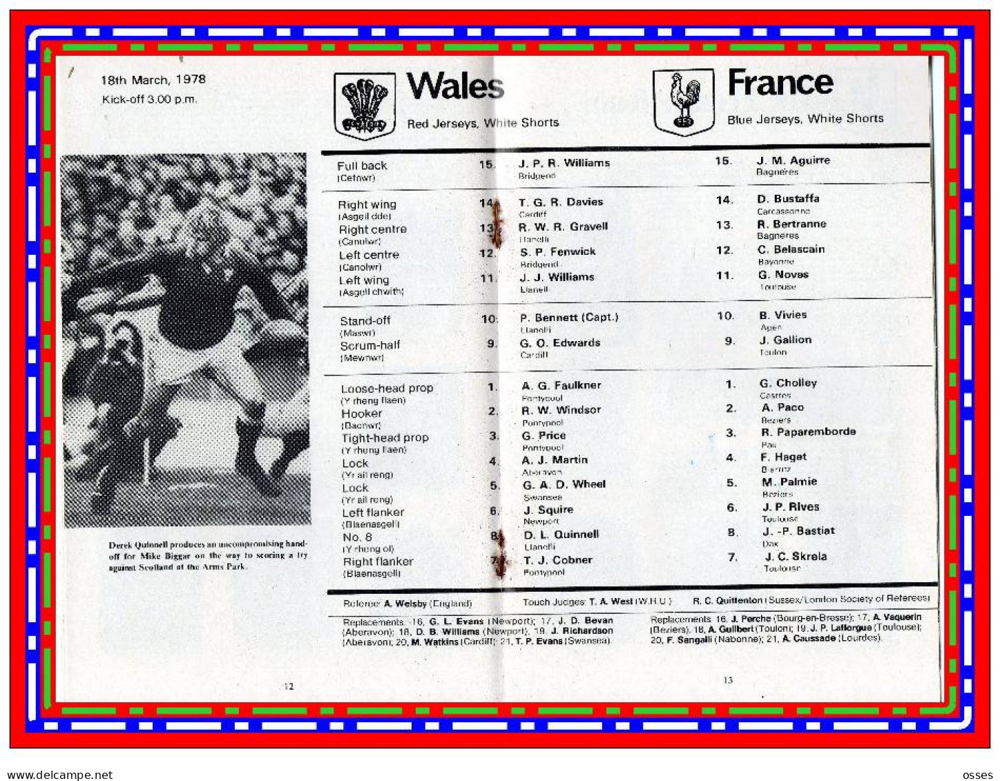 Official Programme.WALES CYMRU V FRANCE FFRAINC Cardiff Arms Park Sat.18th March 1978 (rectos versos)