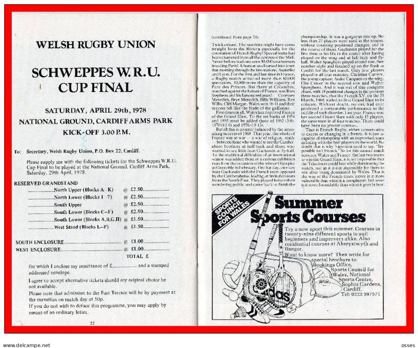 Official Programme.WALES CYMRU V FRANCE FFRAINC Cardiff Arms Park Sat.18th March 1978 (rectos versos)