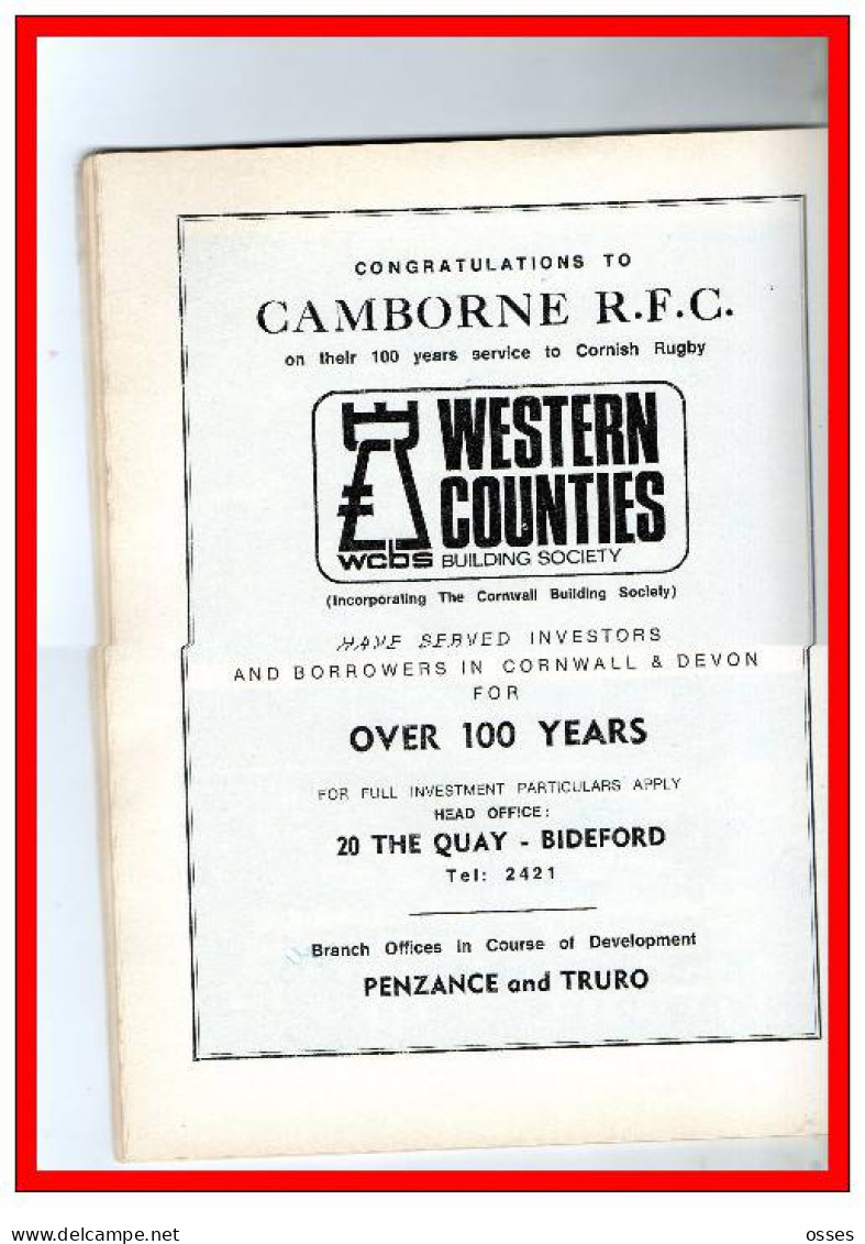 - CAMBORNE R.F.C. CENTENARY PROGRAMME 1878-1978-(92 pages).(recto versos)