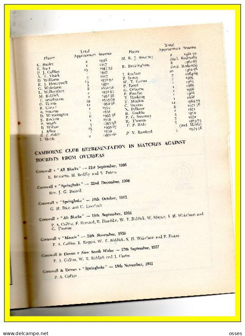 - CAMBORNE R.F.C. CENTENARY PROGRAMME 1878-1978-(92 pages).(recto versos)