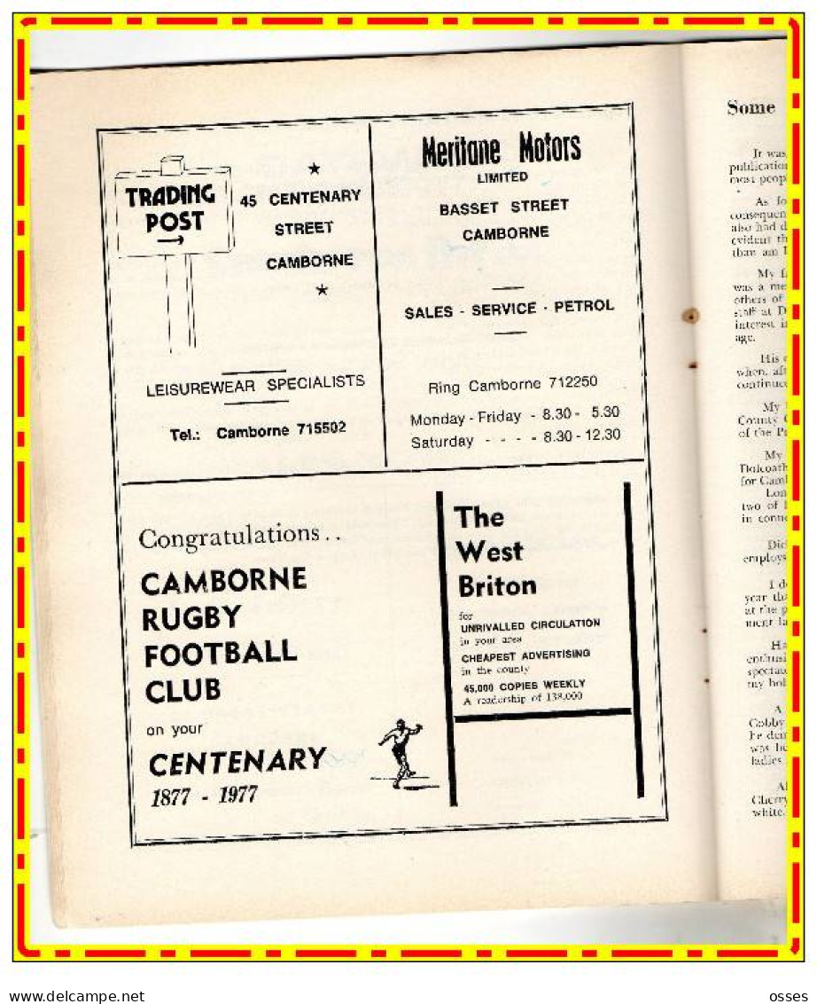 - CAMBORNE R.F.C. CENTENARY PROGRAMME 1878-1978-(92 pages).(recto versos)