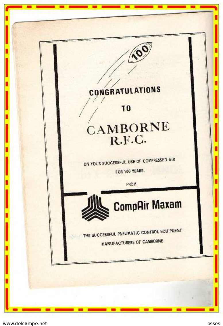 - CAMBORNE R.F.C. CENTENARY PROGRAMME 1878-1978-(92 pages).(recto versos)