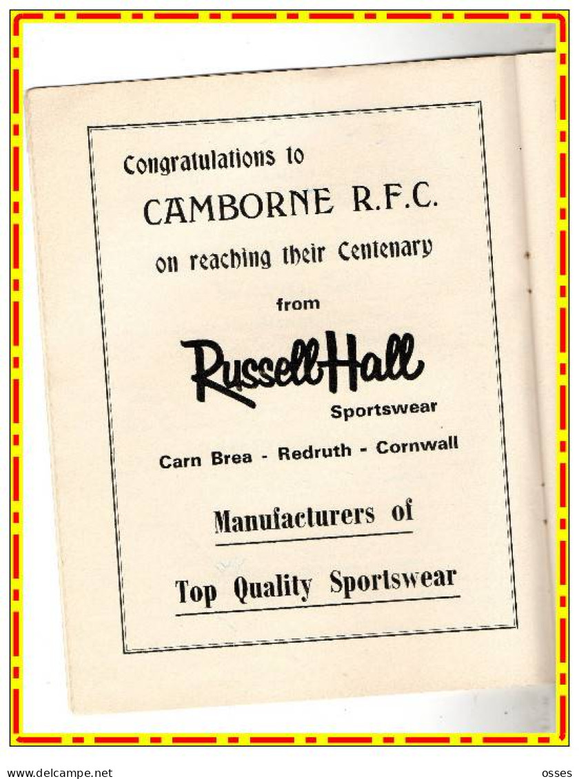 - CAMBORNE R.F.C. CENTENARY PROGRAMME 1878-1978-(92 pages).(recto versos)