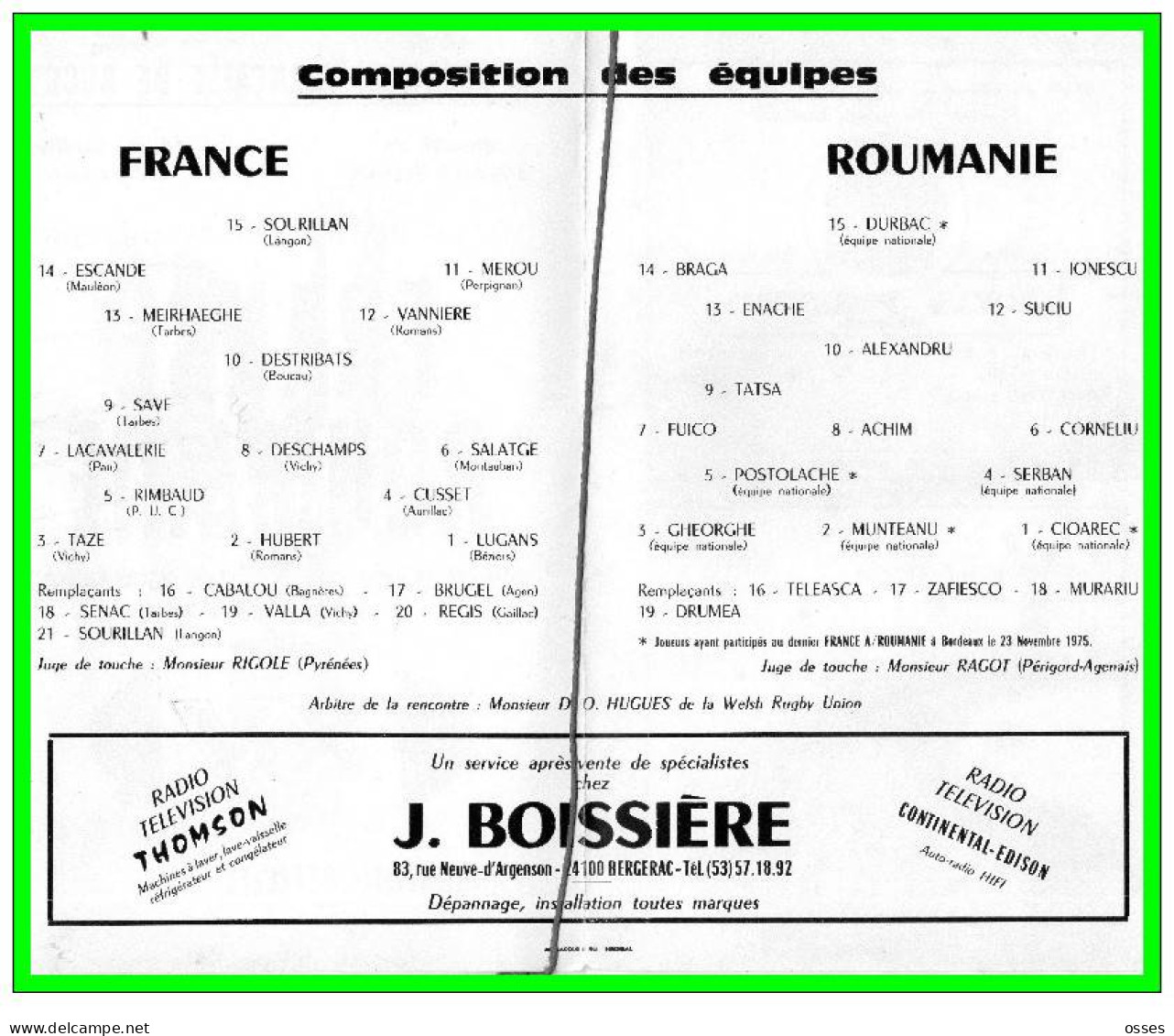 FFR.FRANCE ROUMANIE MILITAIRE.18 Avril1976 Bergerac.Programme Officiel(rectos Verso) - Rugby