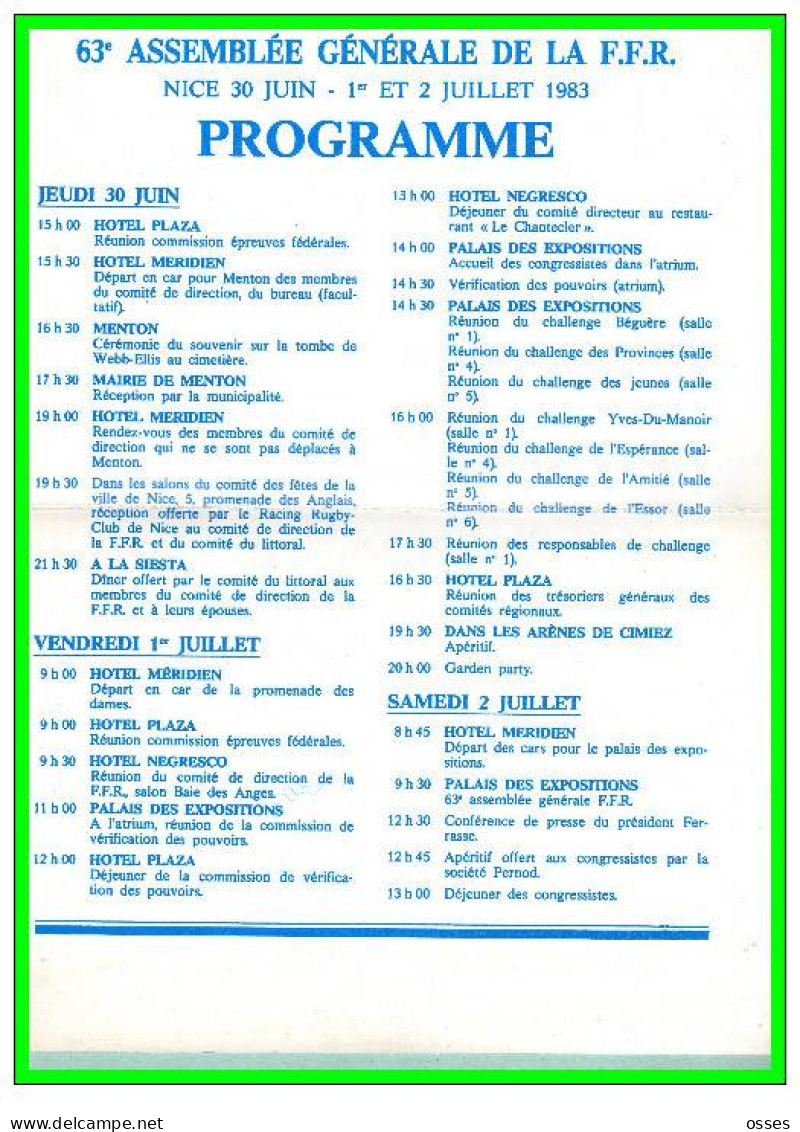 PROGRAMME.63éme CONGRES De La FEDERATION FRANCAISE De RUGBY.NICE 1983 (recto Verso) - Rugby