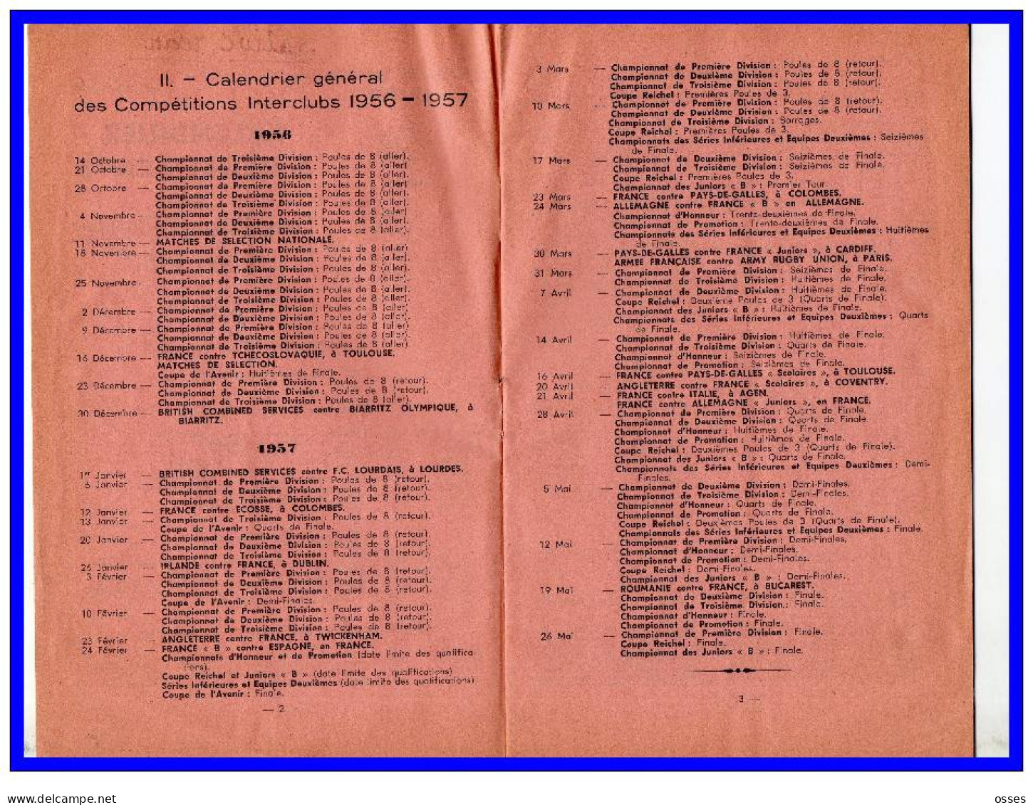 FFR.CALENDRIER & REGLEMENTS.Compétitions Fédérales 1956-1957 (rectos Versos) - Rugby