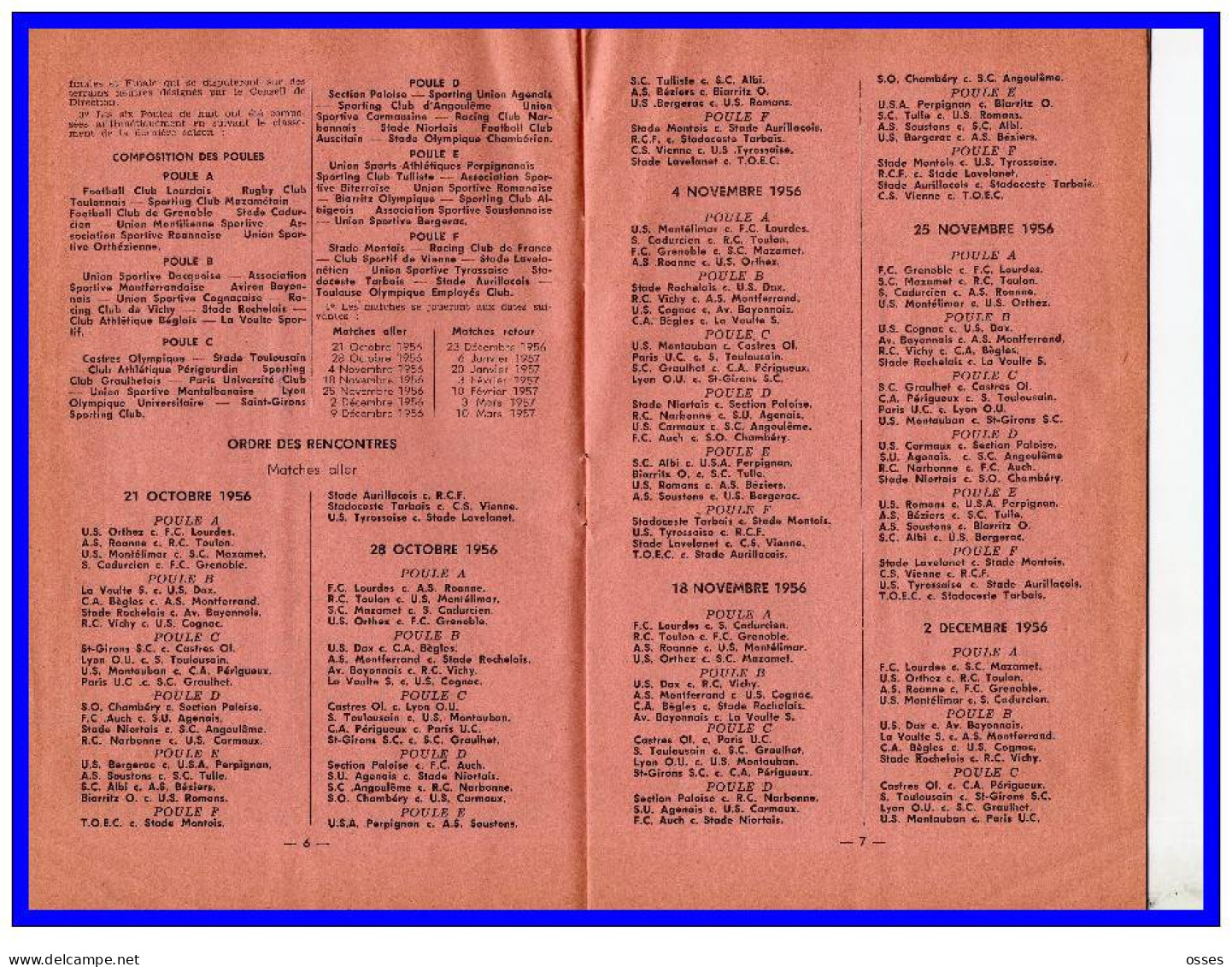 FFR.CALENDRIER & REGLEMENTS.Compétitions Fédérales 1956-1957 (rectos Versos) - Rugby