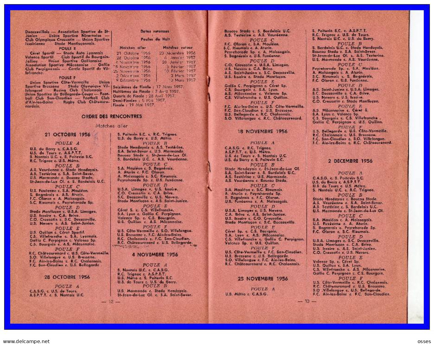 FFR.CALENDRIER & REGLEMENTS.Compétitions Fédérales 1956-1957 (rectos versos)