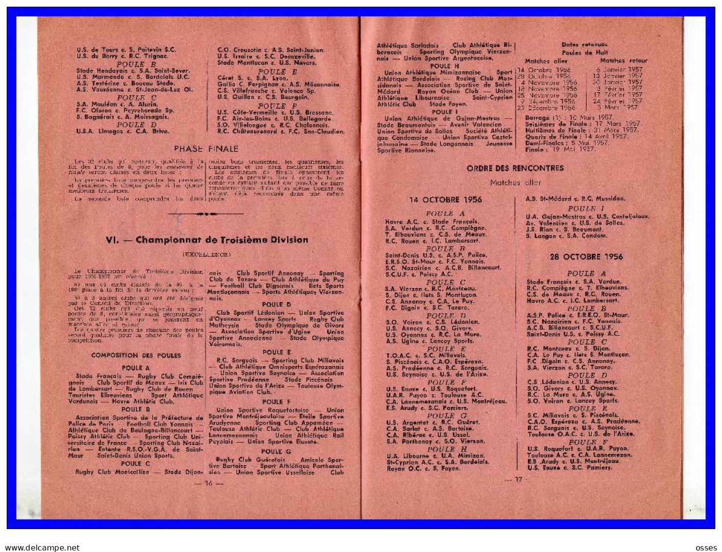 FFR.CALENDRIER & REGLEMENTS.Compétitions Fédérales 1956-1957 (rectos versos)