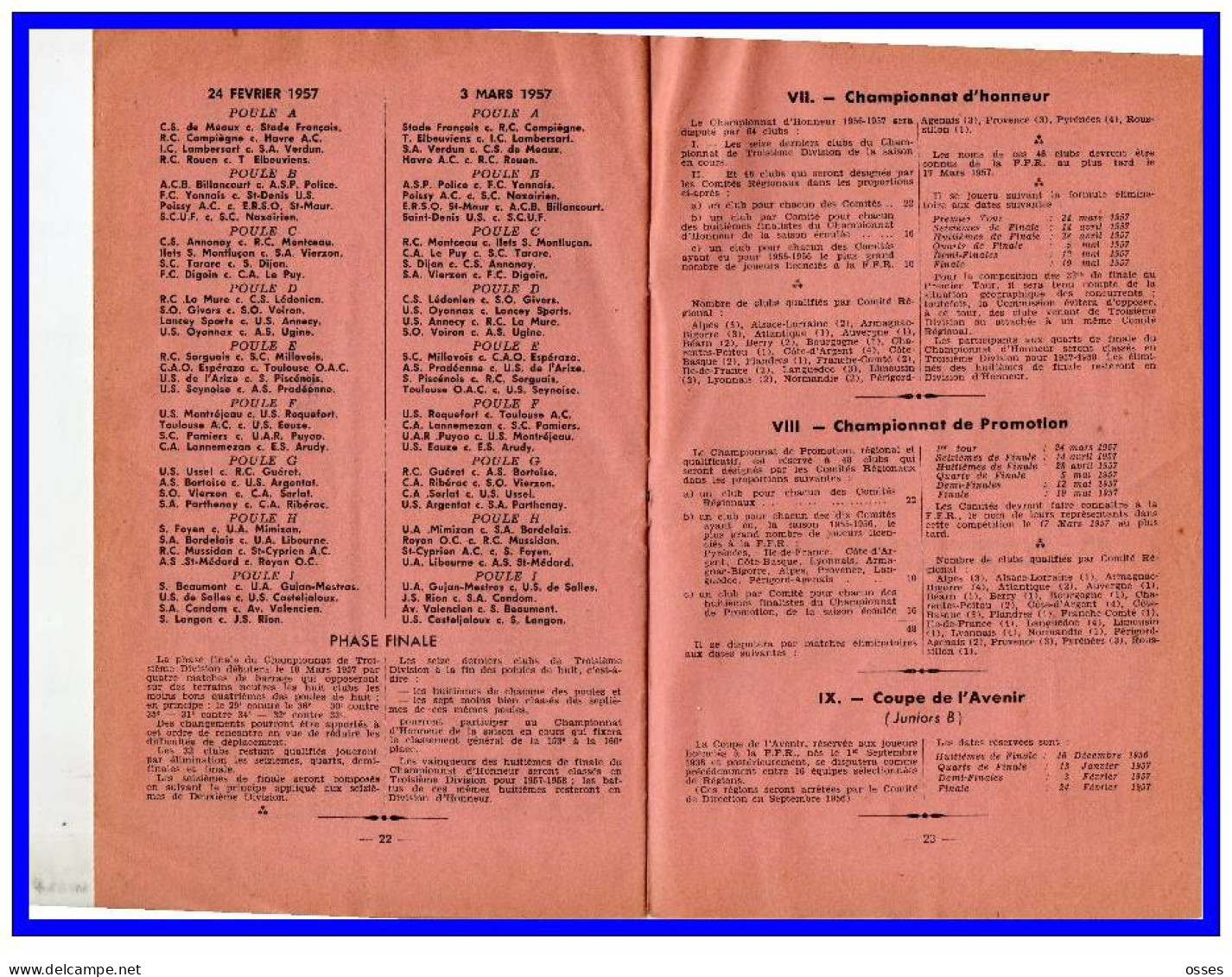 FFR.CALENDRIER & REGLEMENTS.Compétitions Fédérales 1956-1957 (rectos versos)