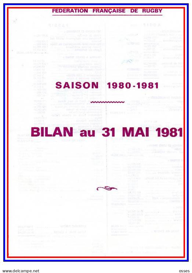 - F.F.R.SAISON 1980-1981 BILAN Au 31MAI 1981.(rectos Versos) - Rugby