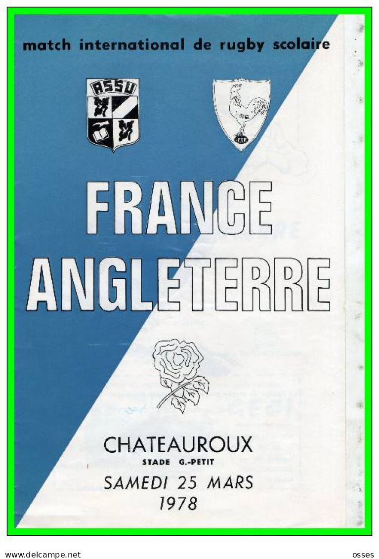 FRANCE ANGLETERRE Scolaire Match Inter.CHATEAUROUX 25 MARS 1978.(rectos Verso) - Rugby