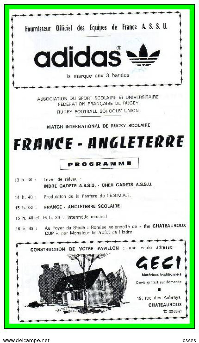FRANCE ANGLETERRE Scolaire Match Inter.CHATEAUROUX 25 MARS 1978.(rectos Verso) - Rugby