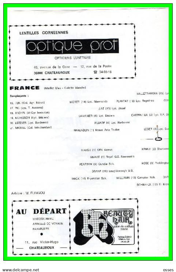 FRANCE ANGLETERRE Scolaire Match Inter.CHATEAUROUX 25 MARS 1978.(rectos Verso) - Rugby