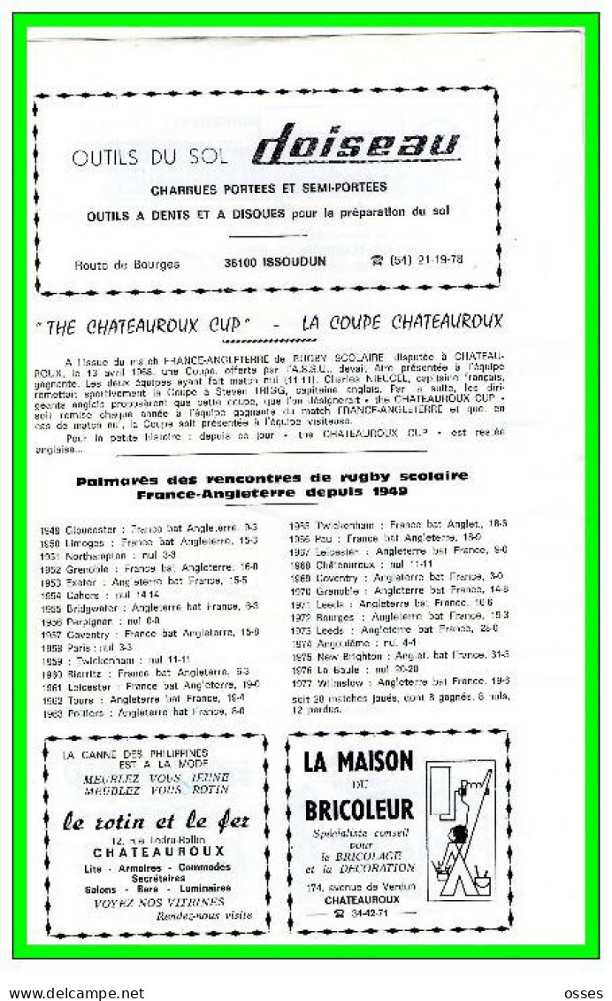 FRANCE ANGLETERRE Scolaire Match Inter.CHATEAUROUX 25 MARS 1978.(rectos verso)