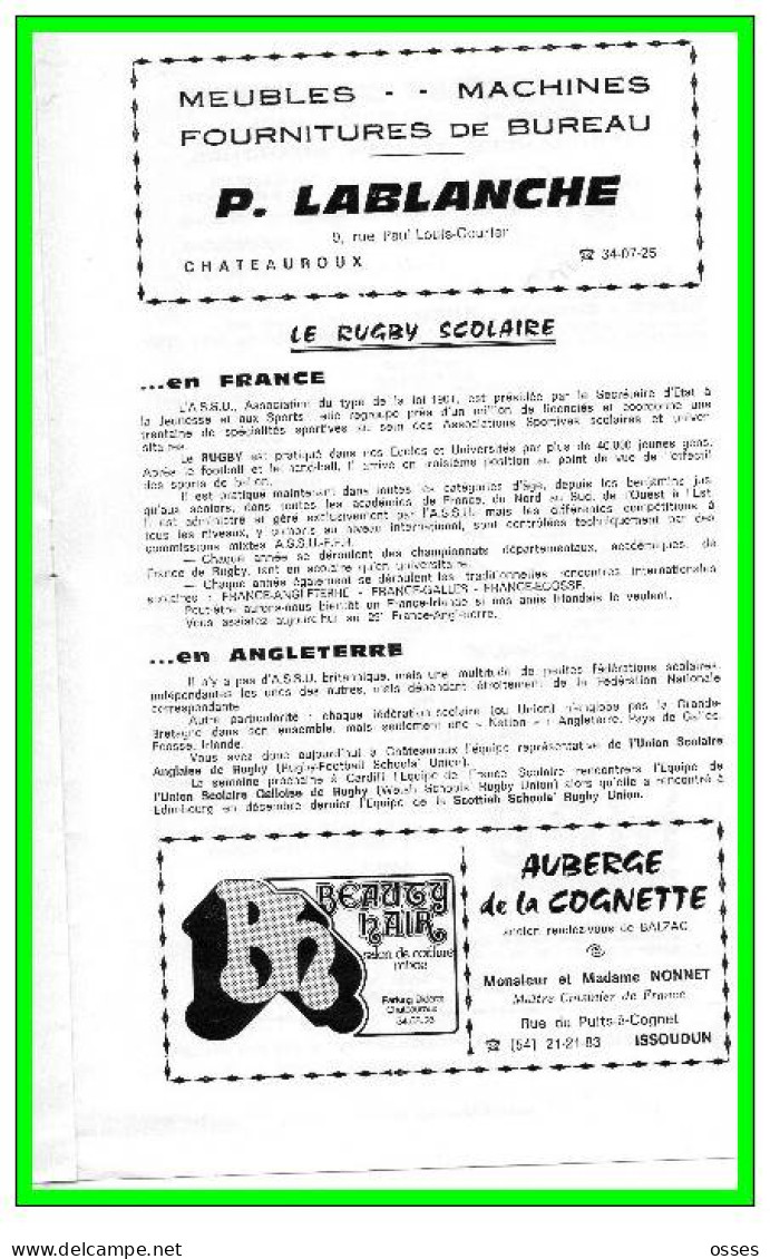 FRANCE ANGLETERRE Scolaire Match Inter.CHATEAUROUX 25 MARS 1978.(rectos verso)