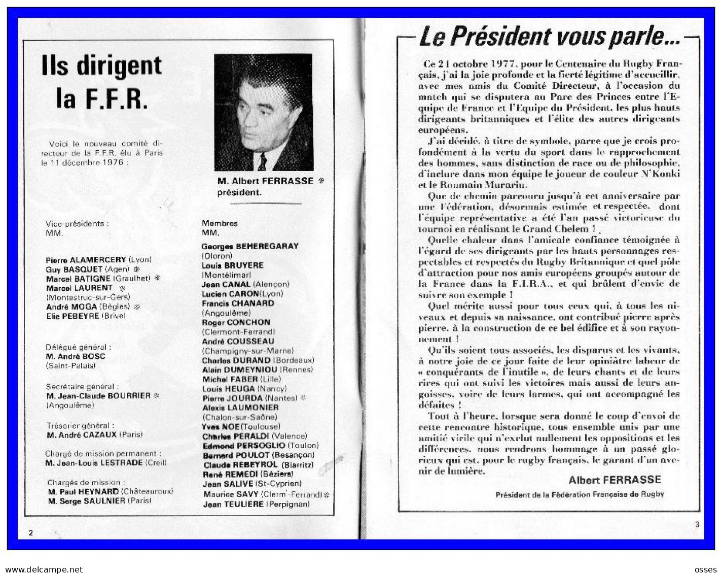 FFR.FRANCE Contre XV Du PRESIDENT Parc Des Princes Programme Officiel Oct.1977.(rectos Verso) - Rugby