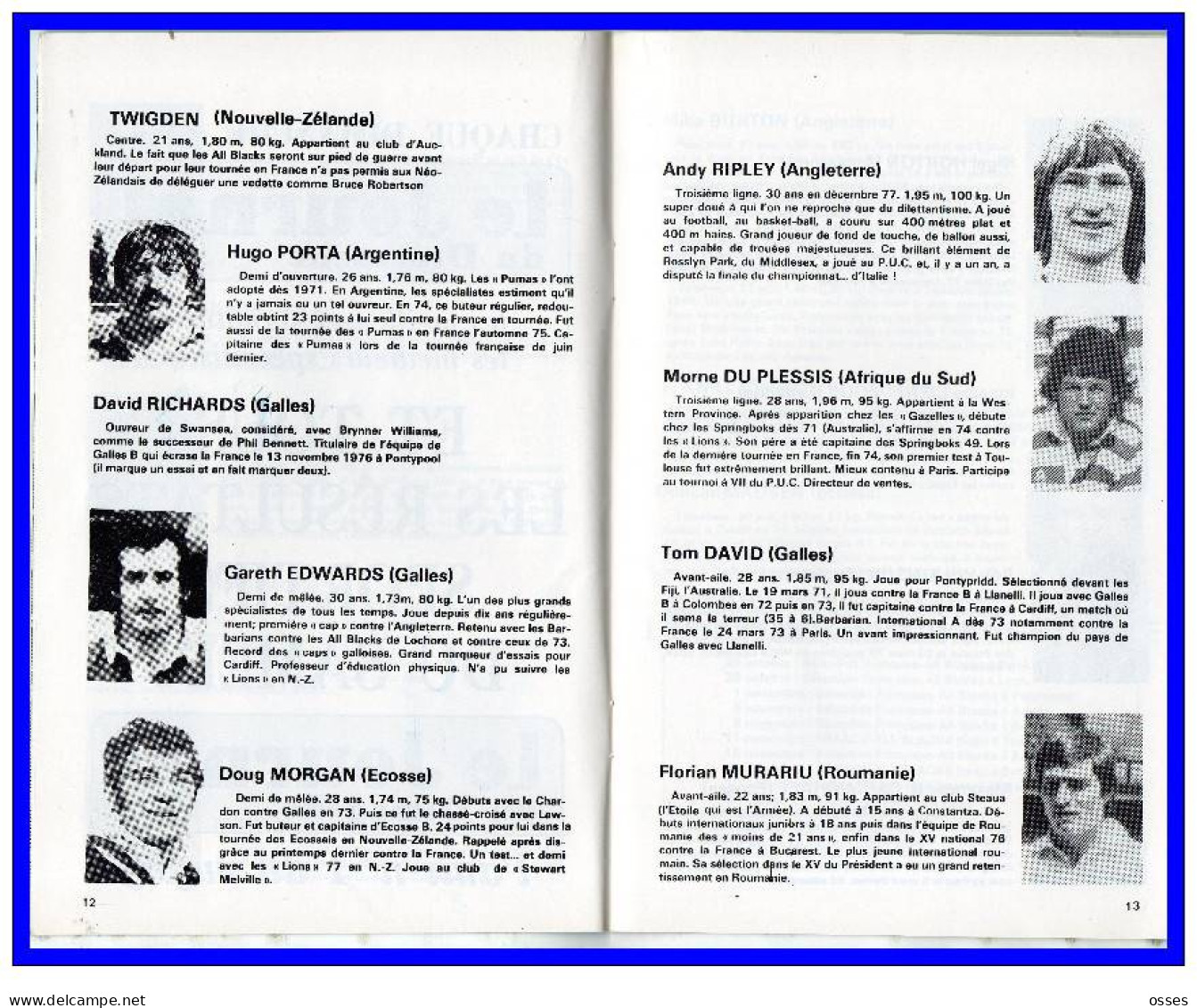 FFR.FRANCE contre XV du PRESIDENT Parc des Princes Programme Officiel Oct.1977.(rectos verso)