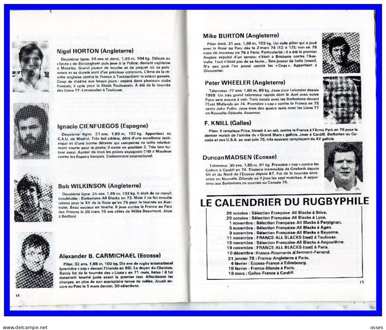 FFR.FRANCE contre XV du PRESIDENT Parc des Princes Programme Officiel Oct.1977.(rectos verso)