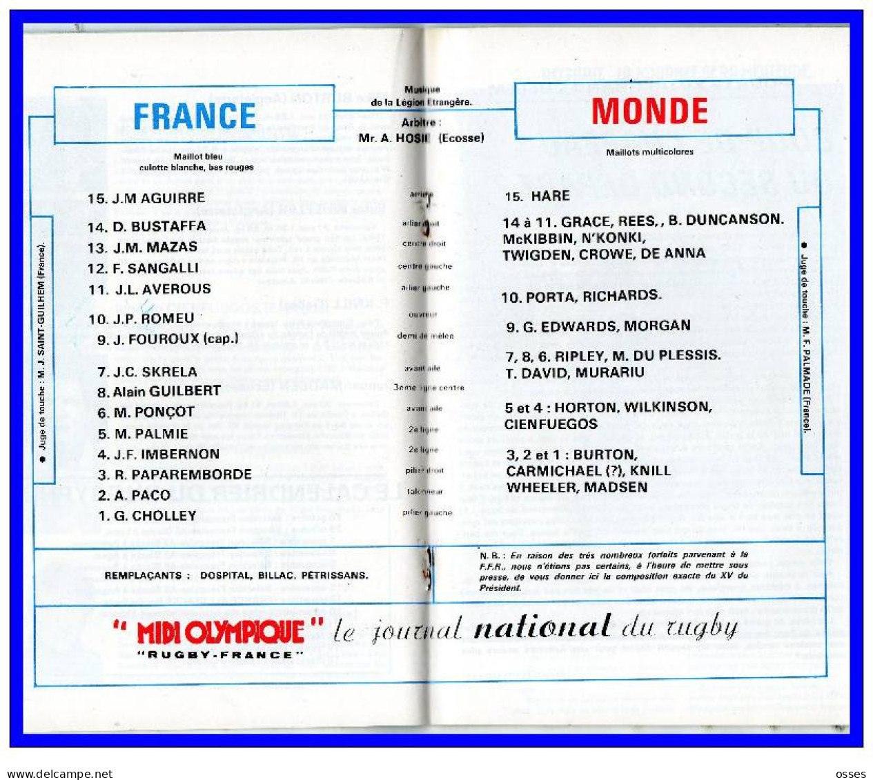 FFR.FRANCE contre XV du PRESIDENT Parc des Princes Programme Officiel Oct.1977.(rectos verso)