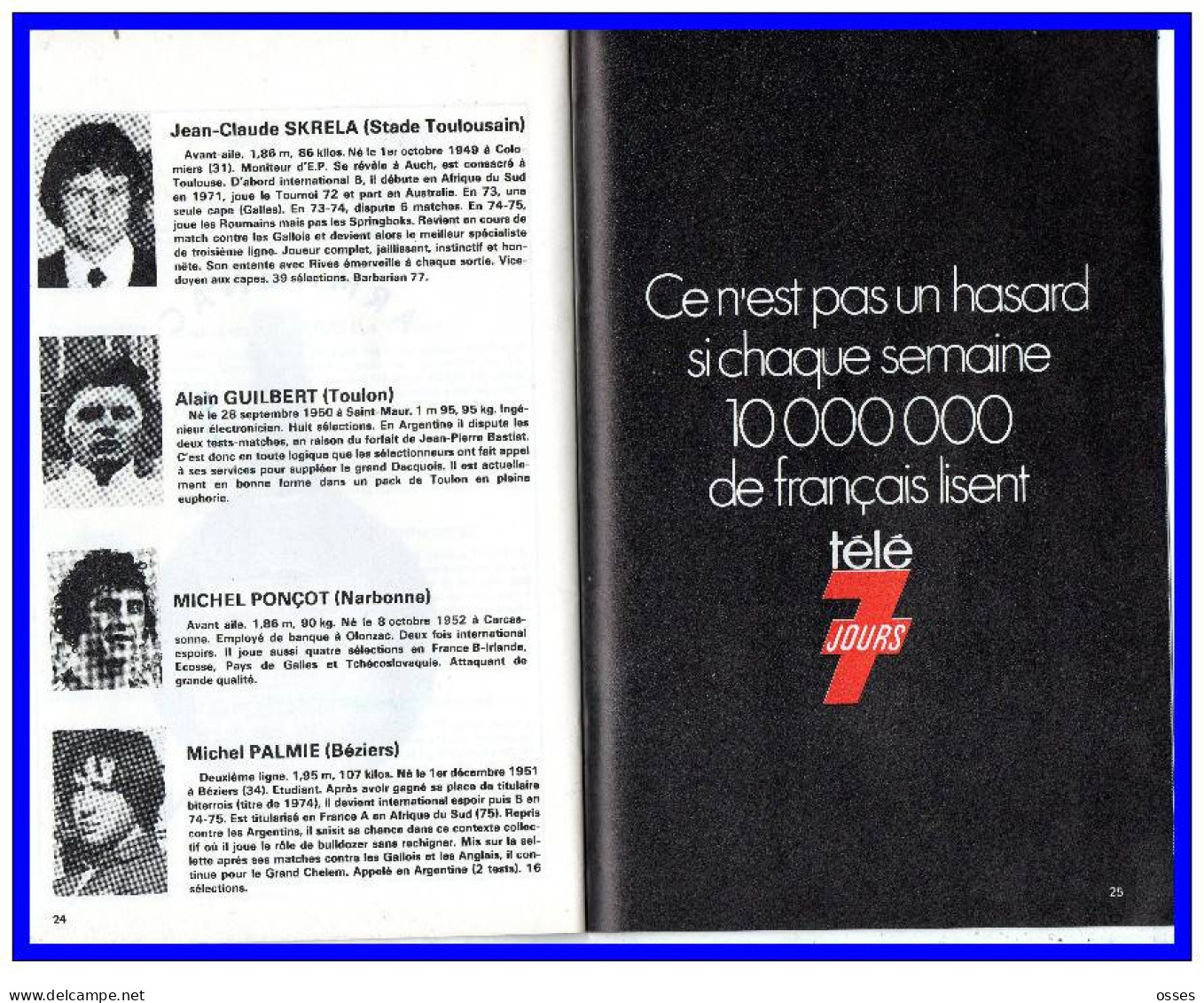 FFR.FRANCE contre XV du PRESIDENT Parc des Princes Programme Officiel Oct.1977.(rectos verso)