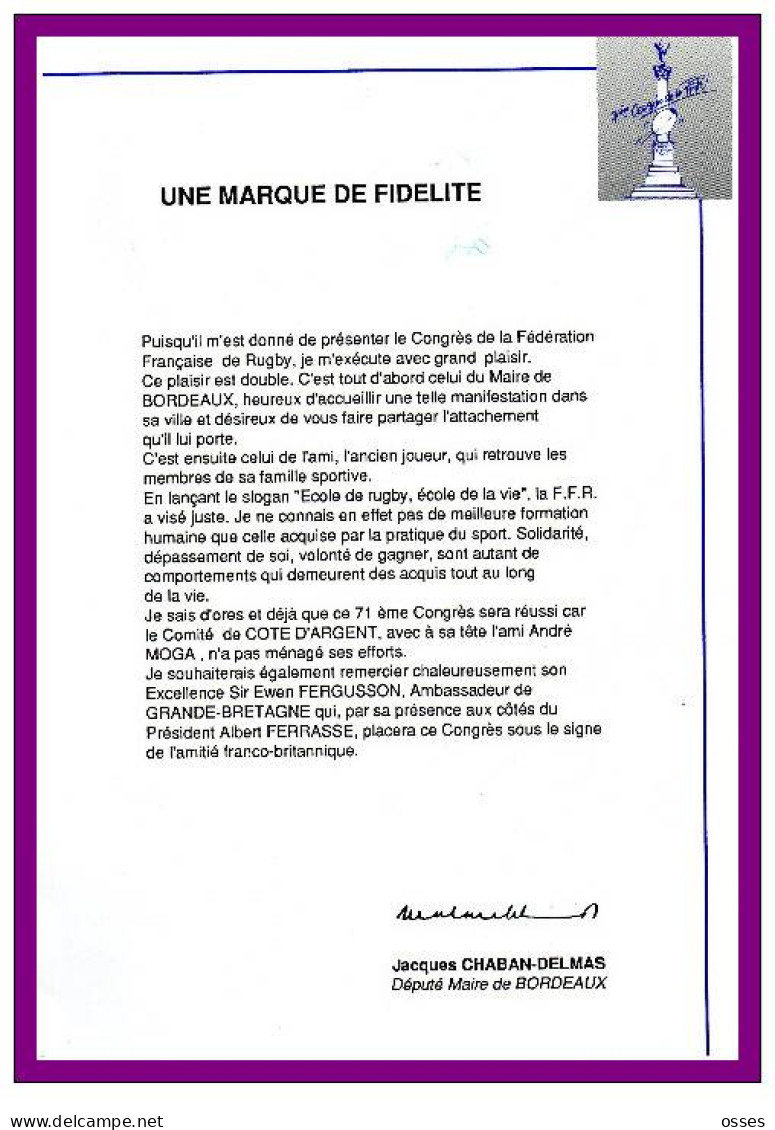 71éme CONGRES DE LA F.F.R. 7 - 8 Juillet 89 (100 Ans de Rugby a Bordeaux)