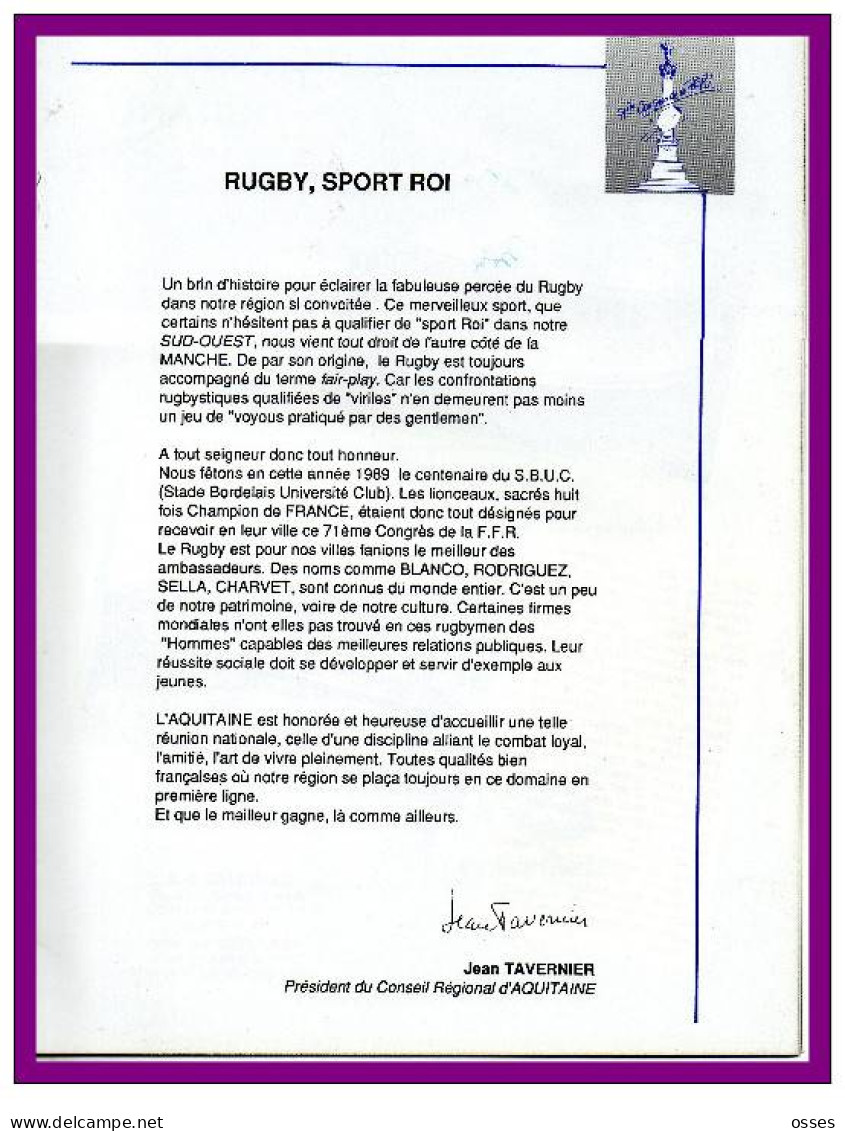 71éme CONGRES DE LA F.F.R. 7 - 8 Juillet 89 (100 Ans de Rugby a Bordeaux)