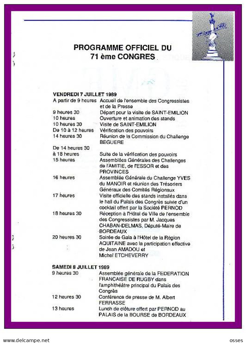 71éme CONGRES DE LA F.F.R. 7 - 8 Juillet 89 (100 Ans de Rugby a Bordeaux)