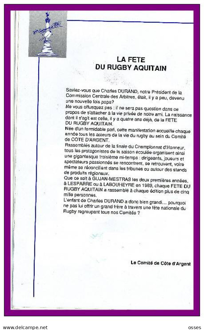 71éme CONGRES DE LA F.F.R. 7 - 8 Juillet 89 (100 Ans de Rugby a Bordeaux)