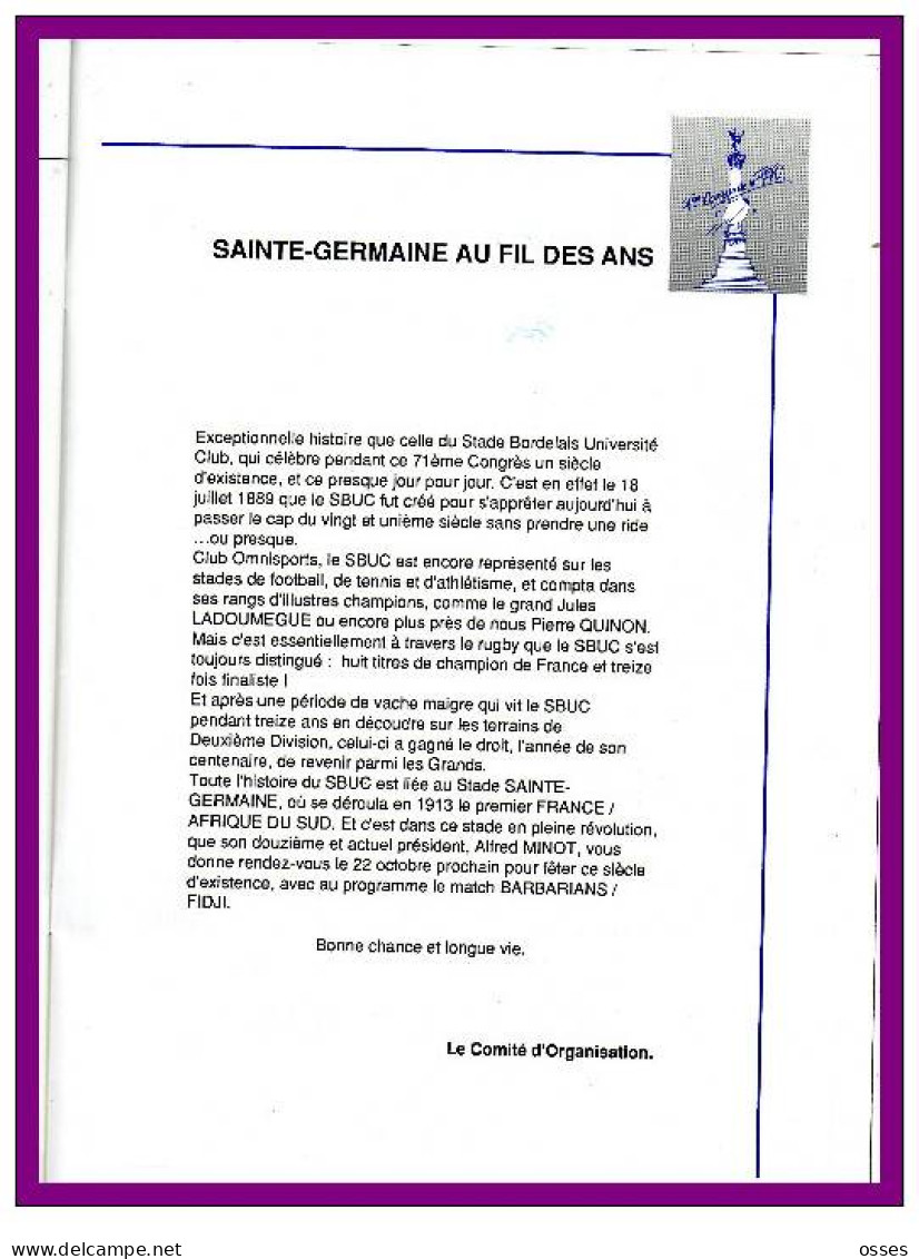 71éme CONGRES DE LA F.F.R. 7 - 8 Juillet 89 (100 Ans de Rugby a Bordeaux)