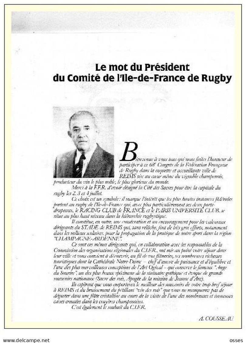 - CONGRES DE LA FEDERATION FRANCAISE DE RUGBY Reims 2.3.4. 1987.(rectos Versos) - Rugby