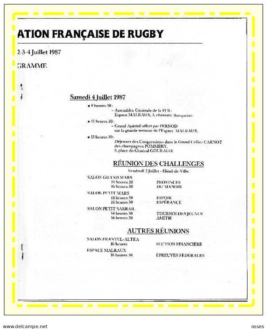 - CONGRES DE LA FEDERATION FRANCAISE DE RUGBY Reims 2.3.4. 1987.(rectos versos)