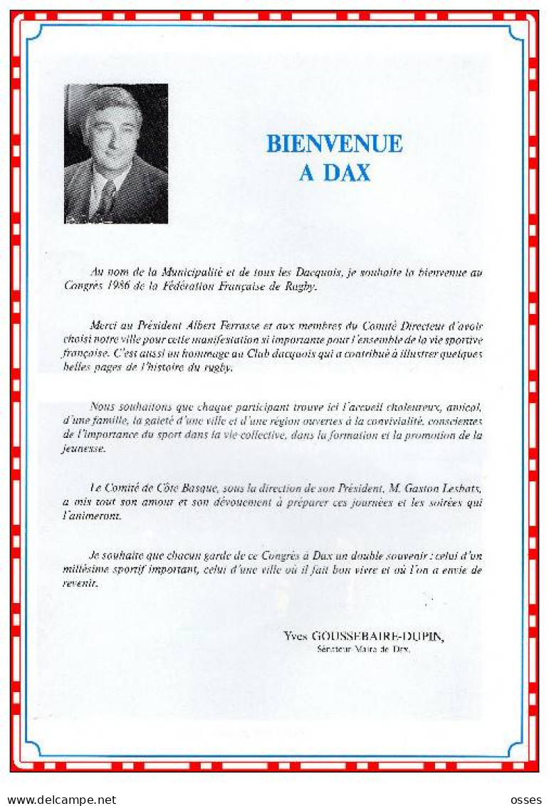 F.F.Rugby 67eme Assemblée Générale DAX Les 26.27.et 28 Juin 1986 (40 Pages Rectos Versos) - Rugby