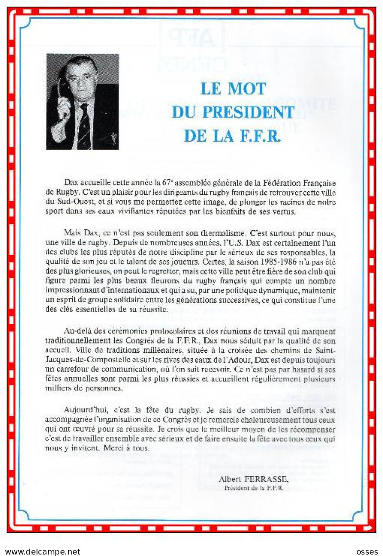 F.F.Rugby 67eme Assemblée Générale DAX les 26.27.et 28 Juin 1986 (40 pages rectos versos)