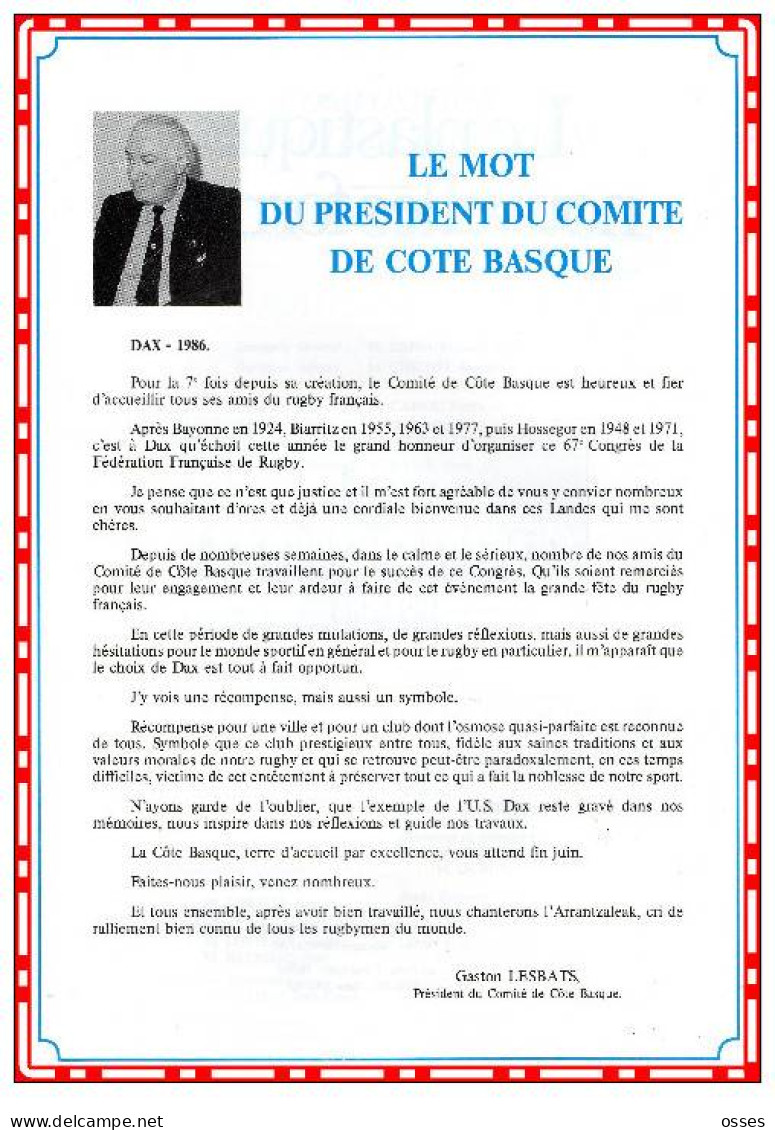 F.F.Rugby 67eme Assemblée Générale DAX les 26.27.et 28 Juin 1986 (40 pages rectos versos)