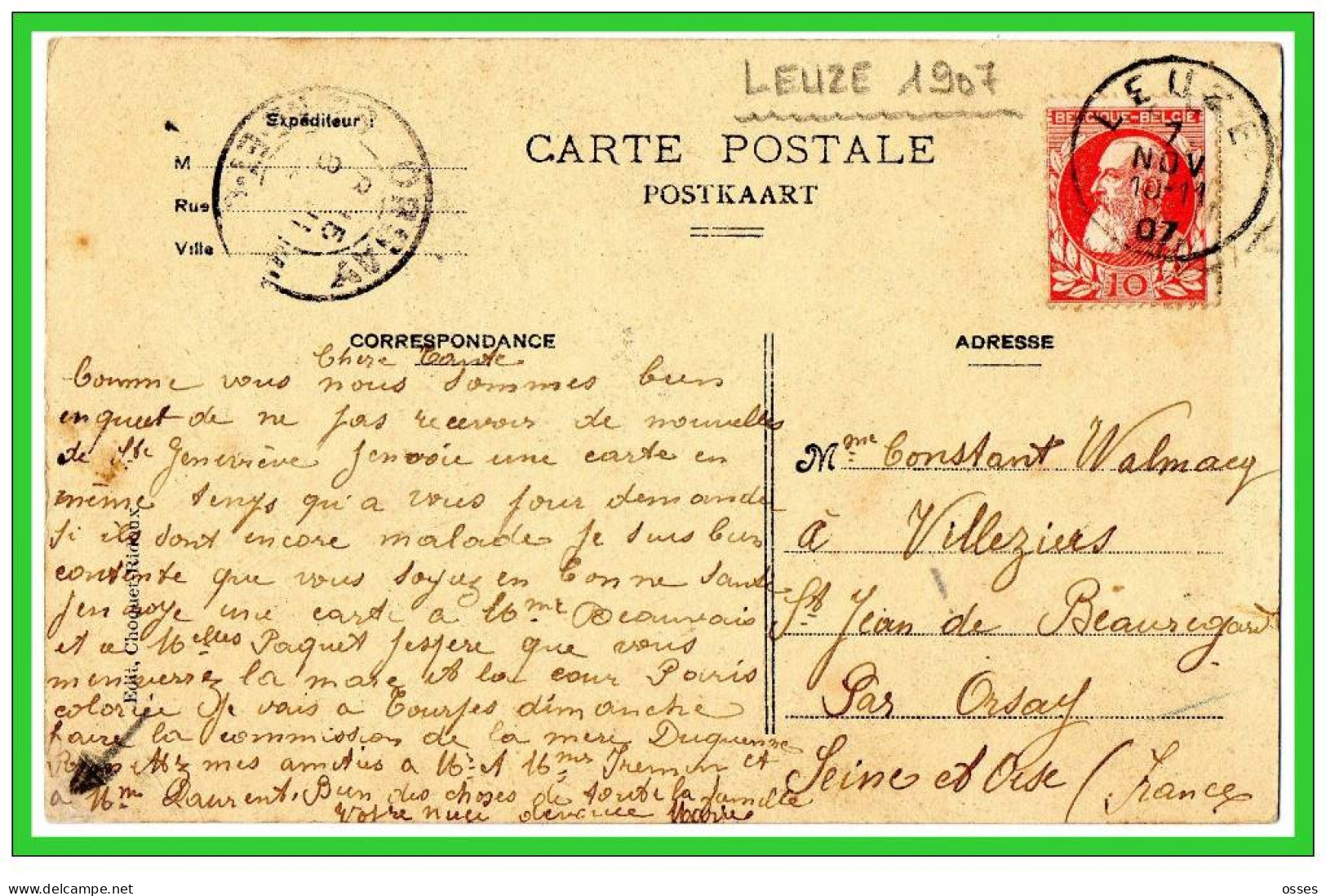 LEUZE - Chaire De L'Eglise Saint Pierre "oblitération Leuze 1907" (recto Verso) - Leuze-en-Hainaut