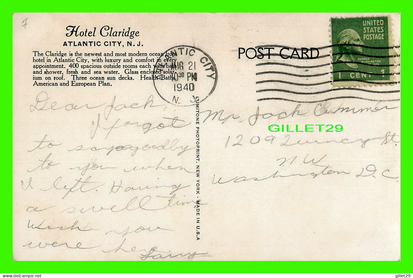 ATLANTIC CITY, NJ - HOTEL CLARIDGE - TRAVEL IN 1940 - L'UMITONE PHOTOPRINT - - Atlantic City