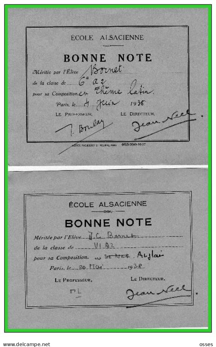 ECOLE ALSACIENNE-TROIS- BONNE NOTE-RécitationThéme Latin Anglais(rectos Versos) - Diplômes & Bulletins Scolaires