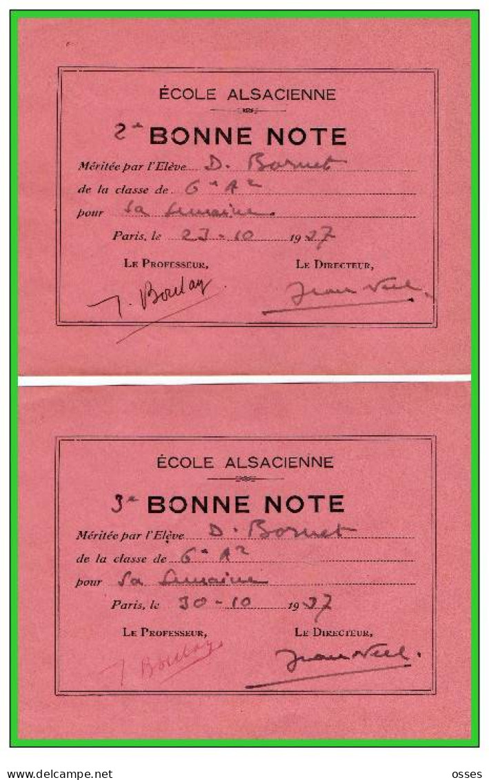 ECOLE ALSACIENNE-Quinze Bonne Note Méritée Par L'Eléve N°1 à15 Année Scolaire1937/38(rectos Versos) - Diplômes & Bulletins Scolaires