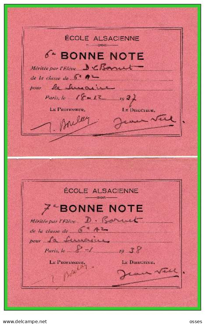 ECOLE ALSACIENNE-Quinze Bonne Note Méritée Par L'Eléve N°1 à15 Année Scolaire1937/38(rectos Versos) - Diplômes & Bulletins Scolaires