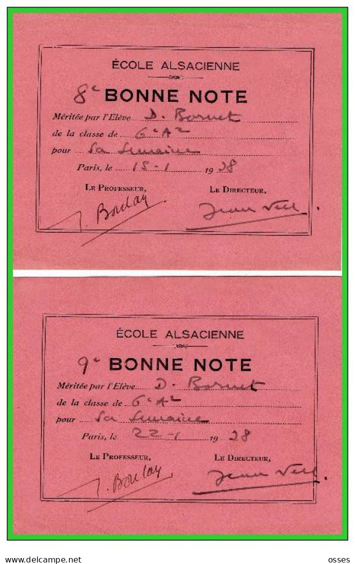 ECOLE ALSACIENNE-Quinze Bonne Note Méritée par l'Eléve n°1 à15 Année Scolaire1937/38(rectos versos)